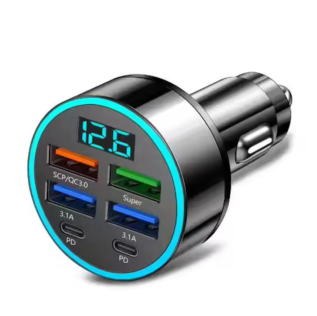 6-Port Fast Car Charger | 66W USB + Type-C Adapter with LED Display | QC3.0 + PD