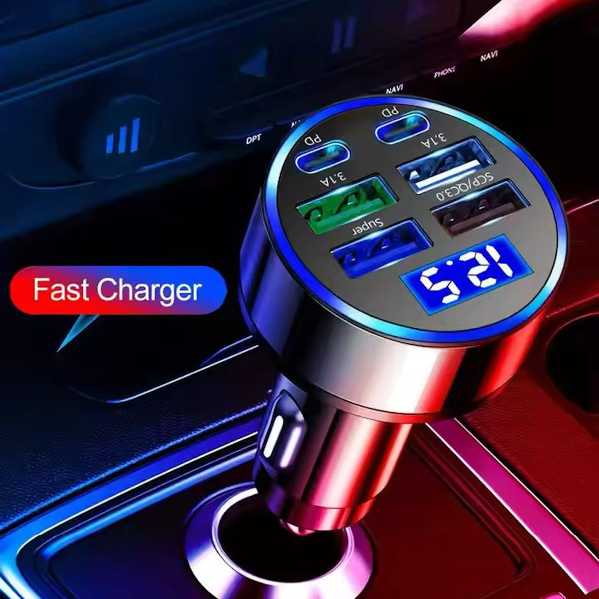 6-Port Fast Car Charger | 66W USB + Type-C Adapter with LED Display | QC3.0 + PD