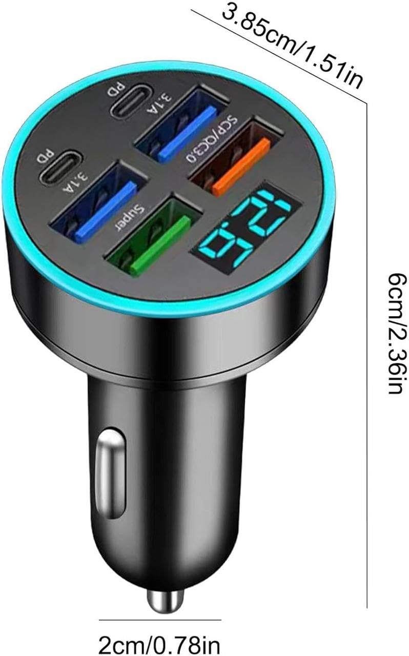 6-Port Fast Car Charger | 66W USB + Type-C Adapter with LED Display | QC3.0 + PD