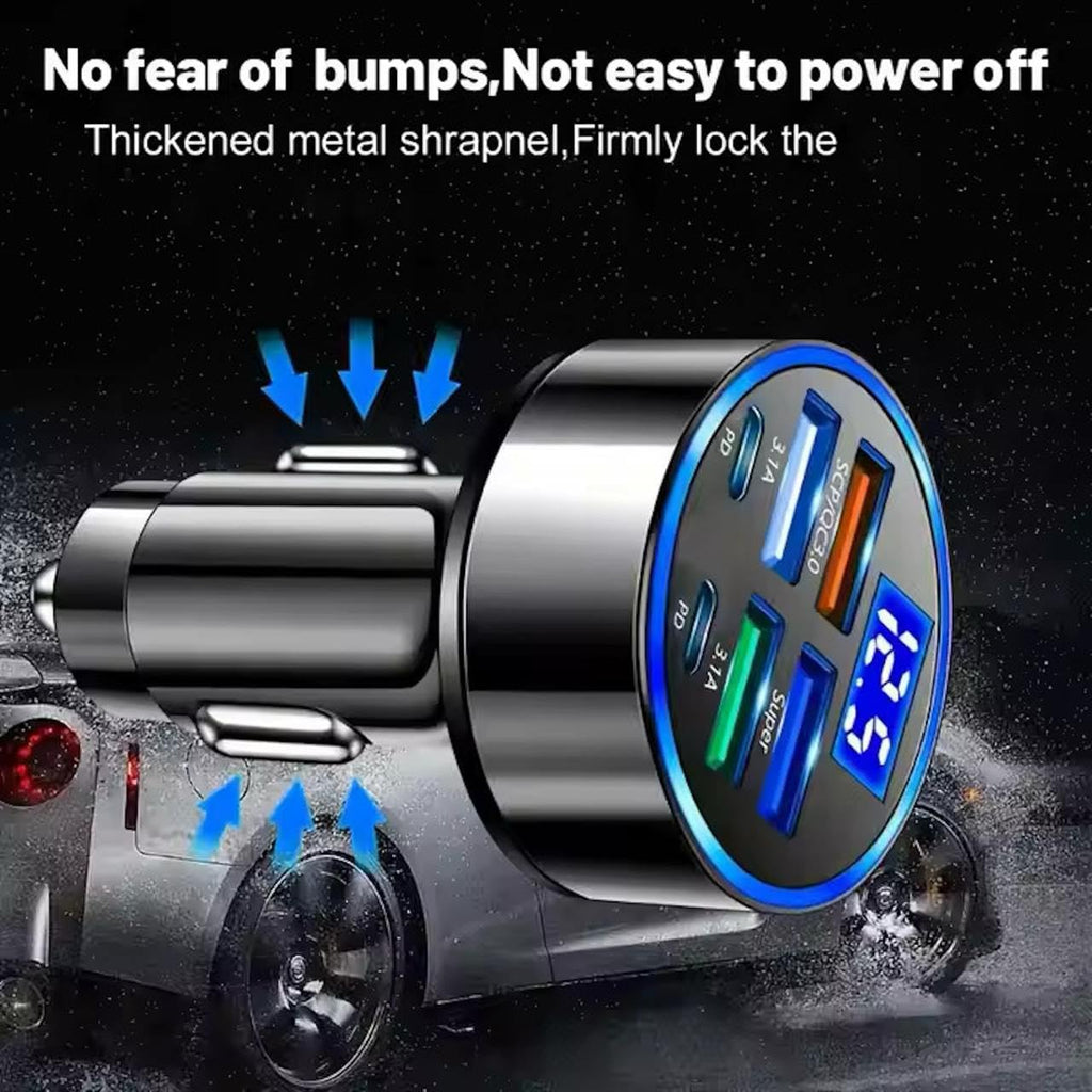 6-Port Fast Car Charger | 66W USB + Type-C Adapter with LED Display | QC3.0 + PD