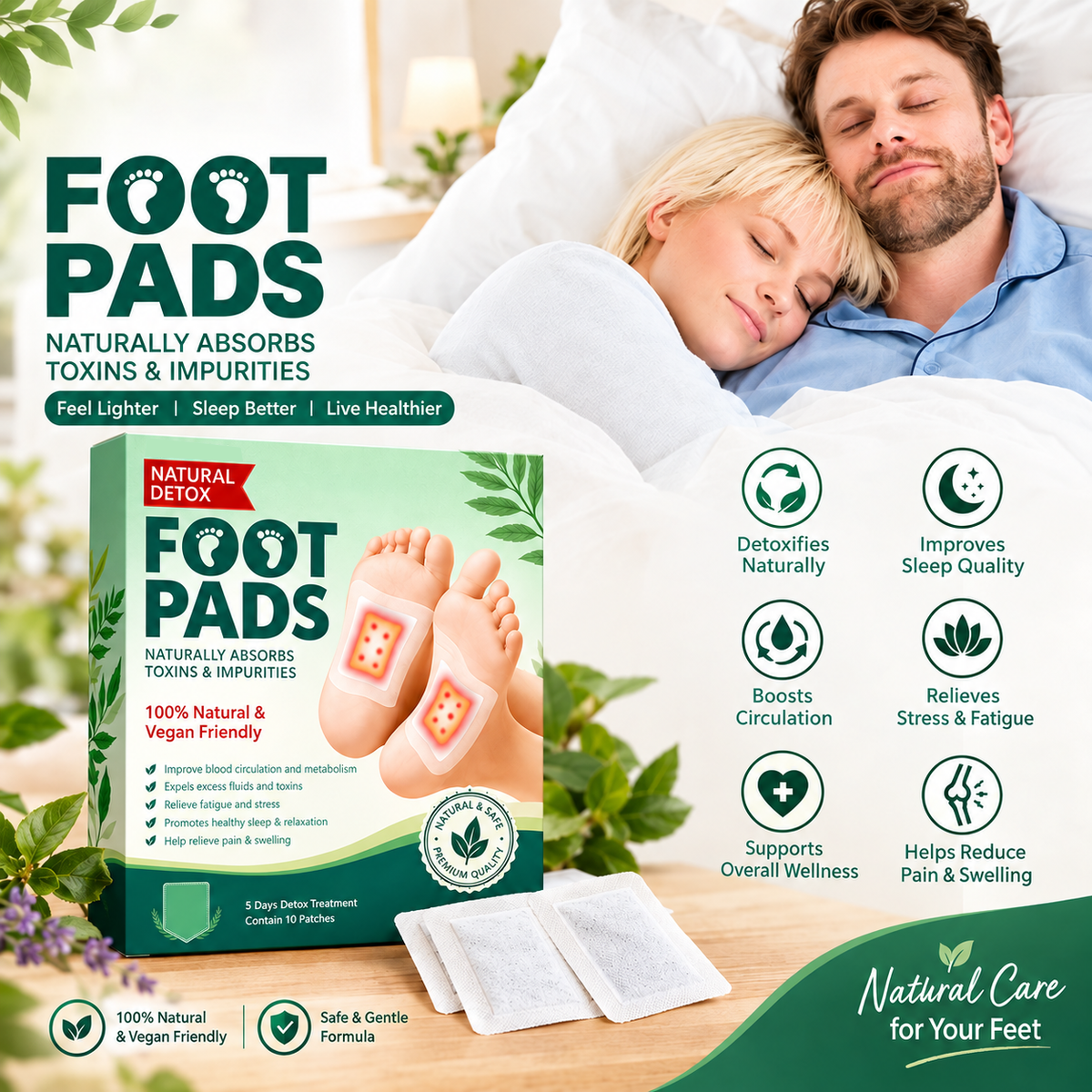 Natural Detox Foot Pads – Herbal Foot Patches for Deep Sleep, Stress Relief & Vitality (10 Patches / 5-Day Treatment)