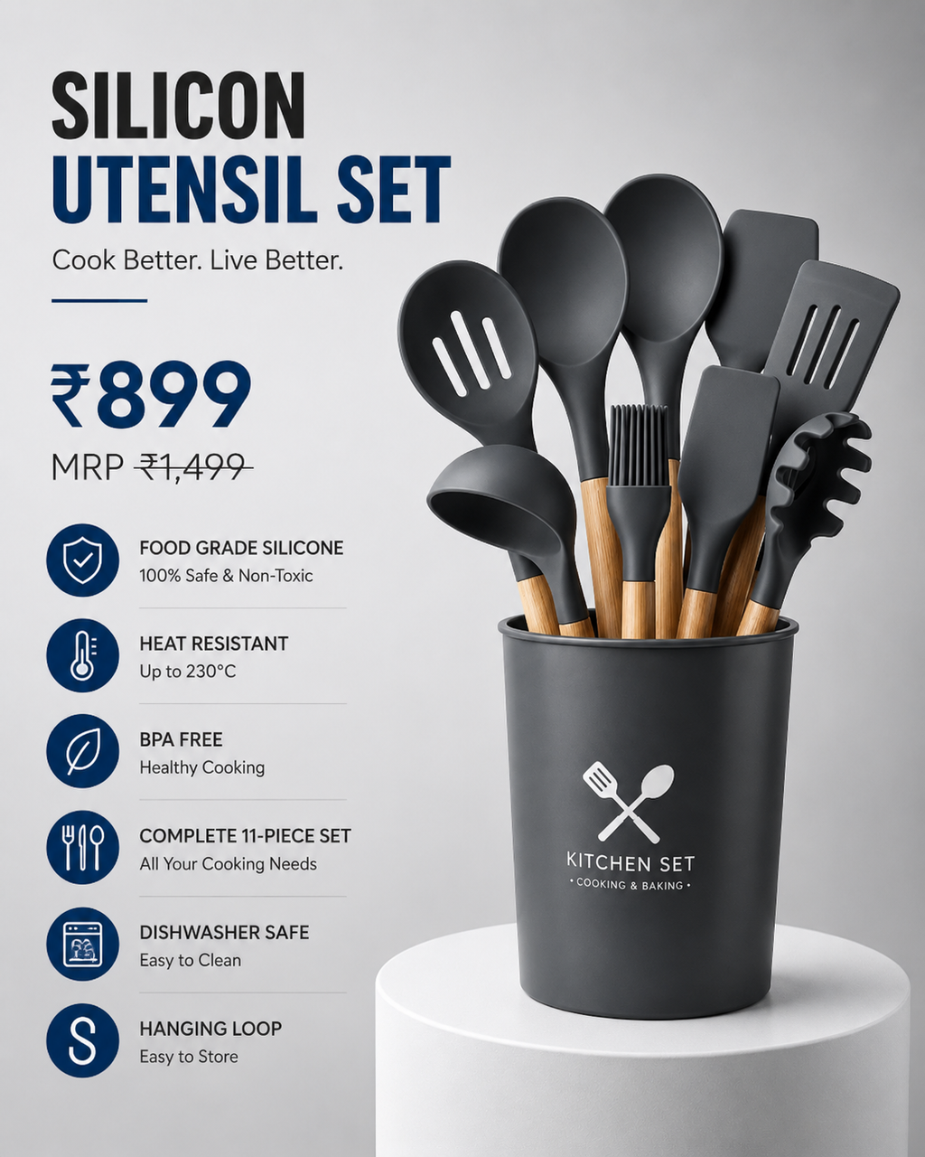 Premium Silicone Kitchen Utensil Set (12 Pieces) | Heat Resistant | Non-Stick Cooking Tools with Wooden Handles