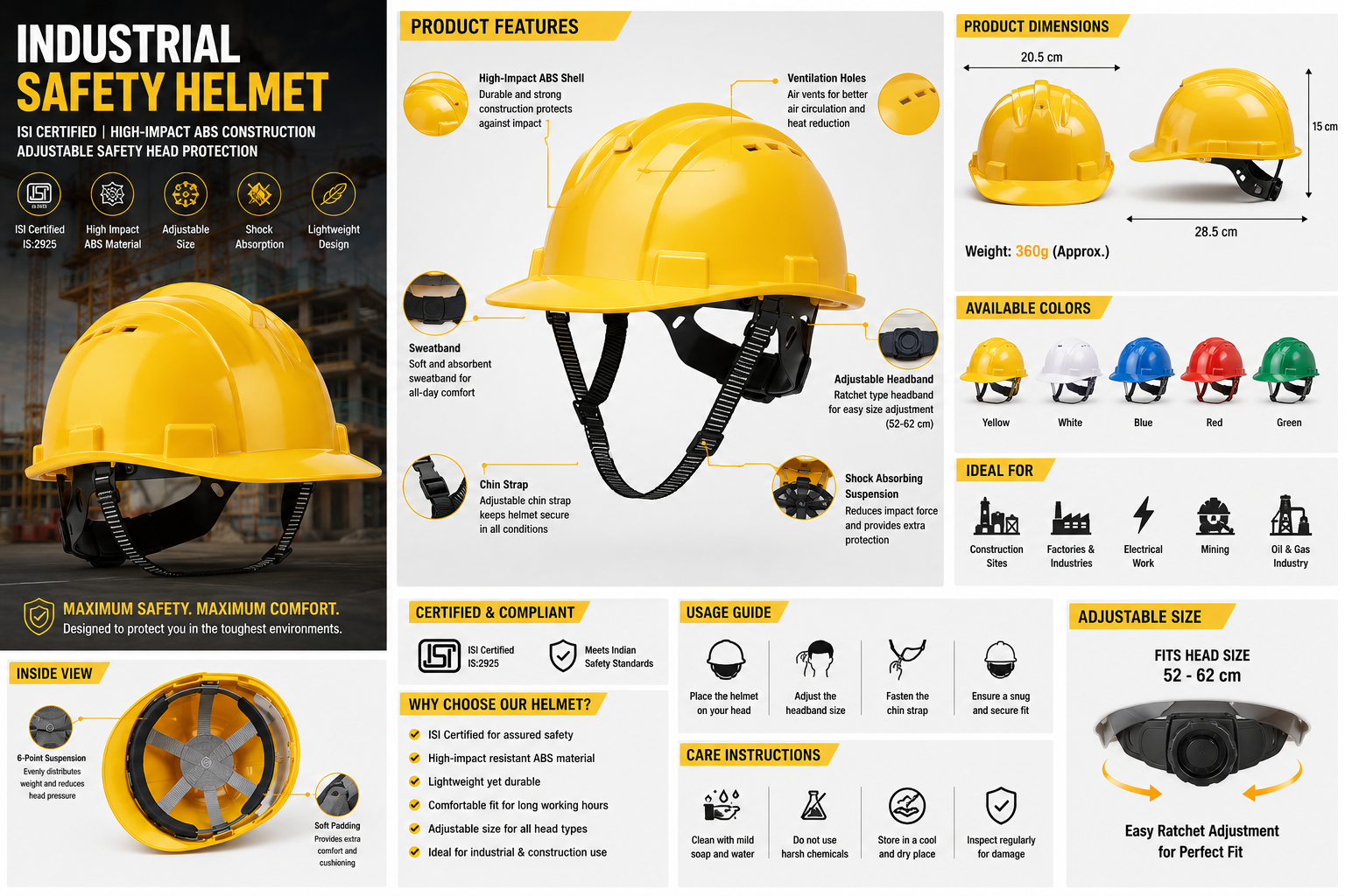 Industrial Safety Helmet | ISI Certified | High-Impact ABS Construction | Adjustable Safety Head Protection
