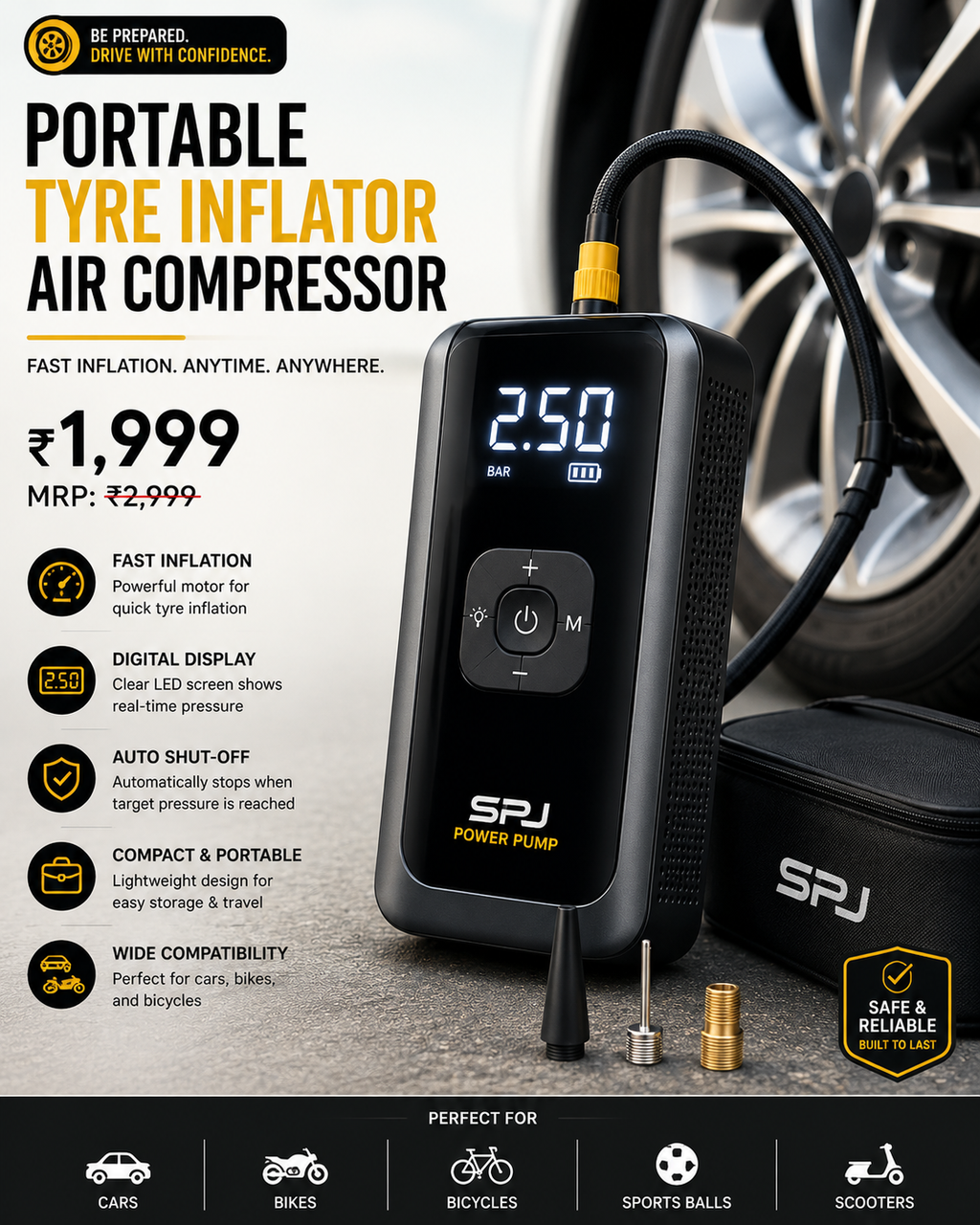 Portable Tyre Inflator Air Compressor | 150 PSI Digital Air Pump | Auto Shut-Off | LED Light | 12V DC