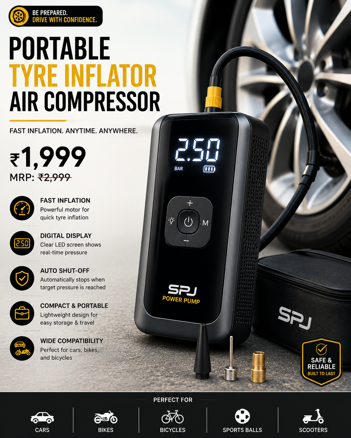 Portable Tyre Inflator Air Compressor | 150 PSI Digital Air Pump | Auto Shut-Off | LED Light | 12V DC