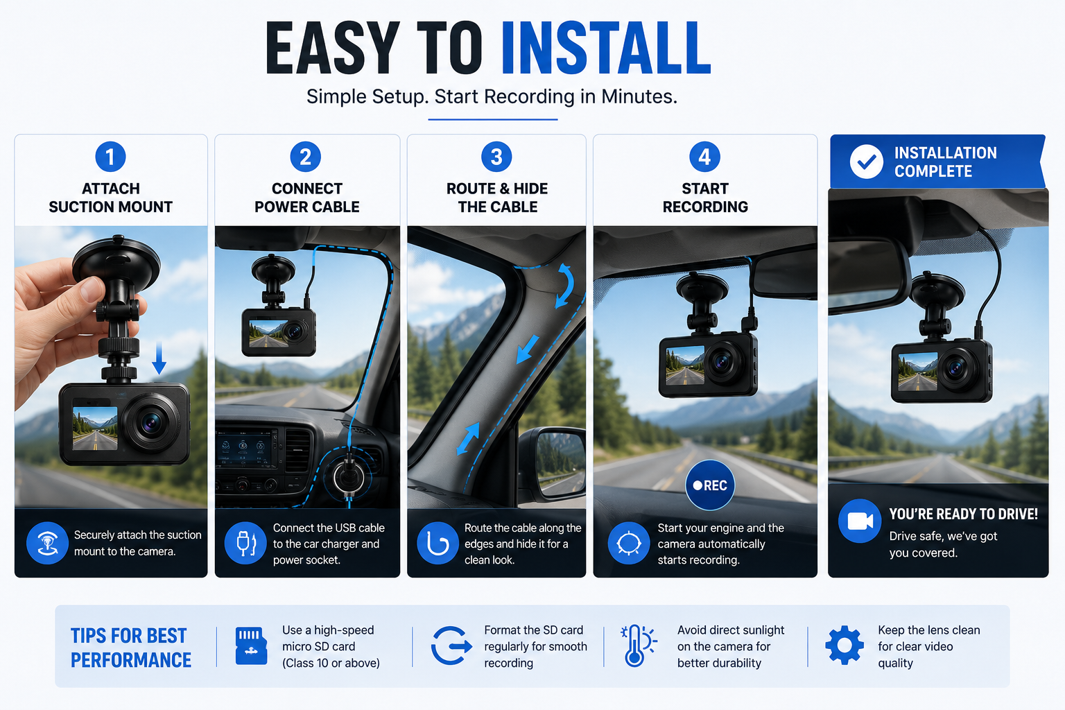 Full HD Car Dashboard Camera | 1080P Dash Cam | 170° Wide Angle | Night Vision | Loop Recording