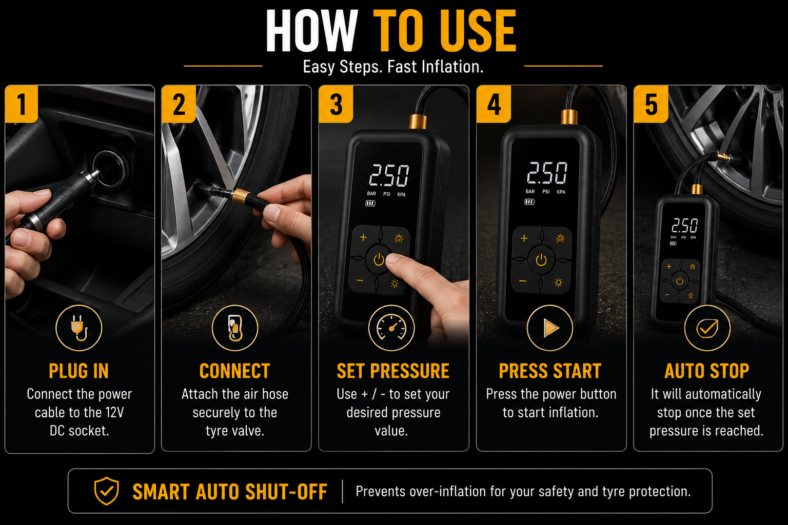 Portable Tyre Inflator Air Compressor | 150 PSI Digital Air Pump | Auto Shut-Off | LED Light | 12V DC