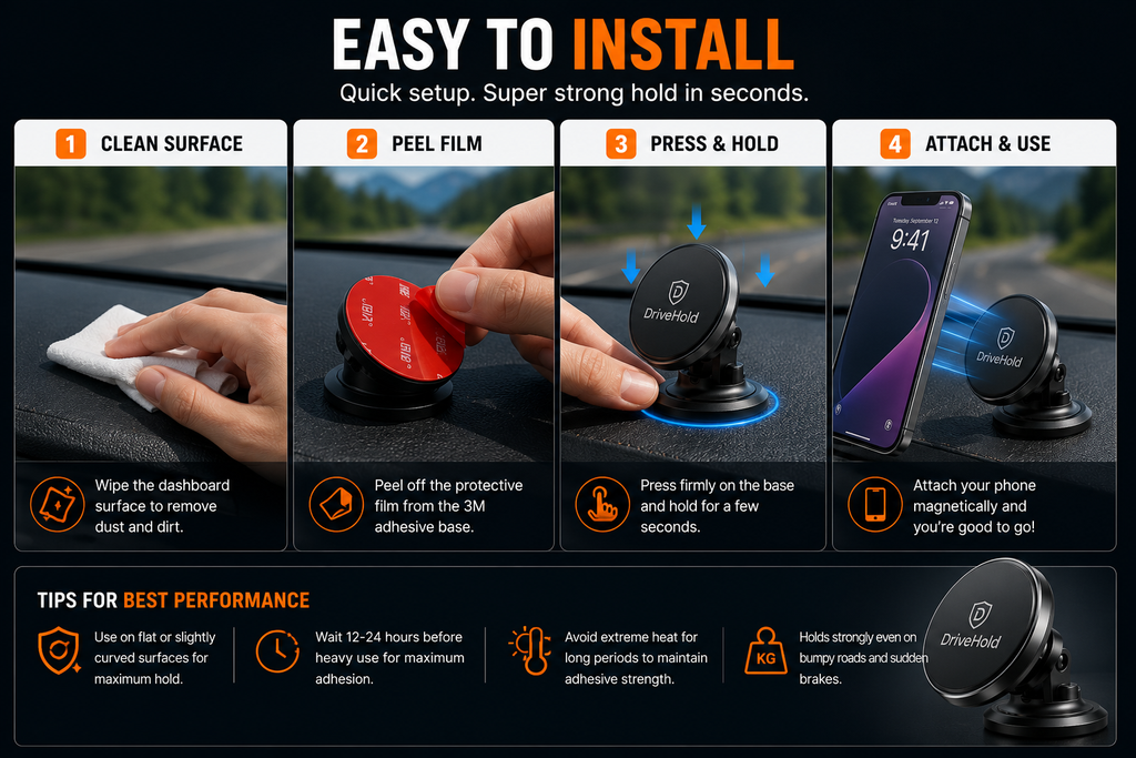 Magnetic Car Phone Holder | 360° Rotating Dashboard Mount | Strong N52 Magnets | Universal Smartphone Compatibility