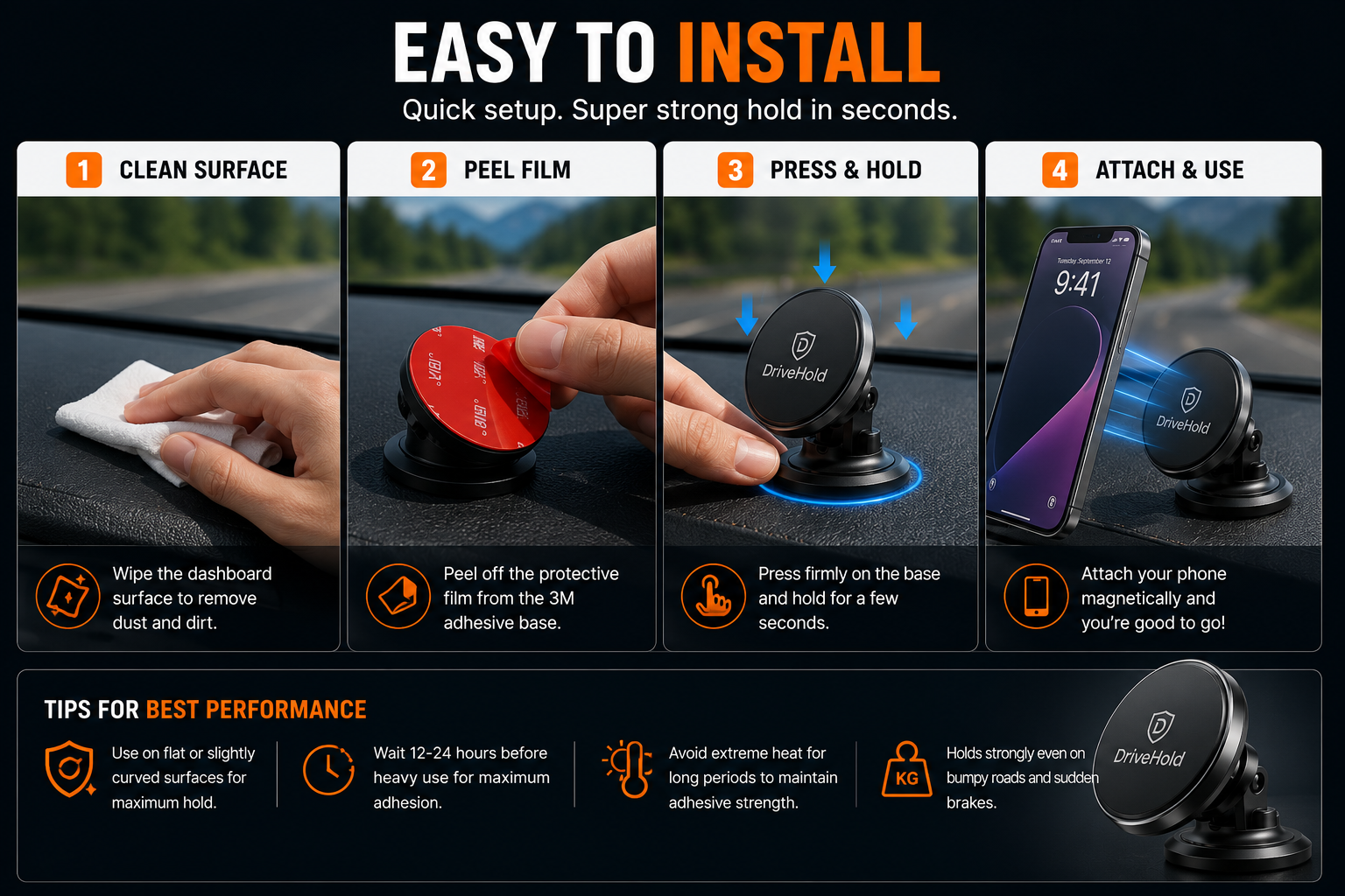 Magnetic Car Phone Holder | 360° Rotating Dashboard Mount | Strong N52 Magnets | Universal Smartphone Compatibility