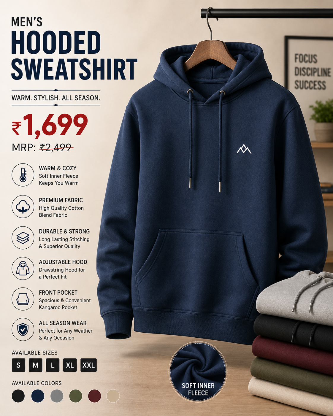 Premium Hooded Sweatshirt | Cotton Fleece Hoodie | Regular Fit | Unisex | Winter Wear