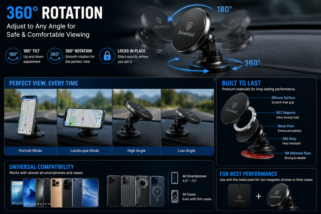 Magnetic Car Phone Holder | 360° Rotating Dashboard Mount | Strong N52 Magnets | Universal Smartphone Compatibility
