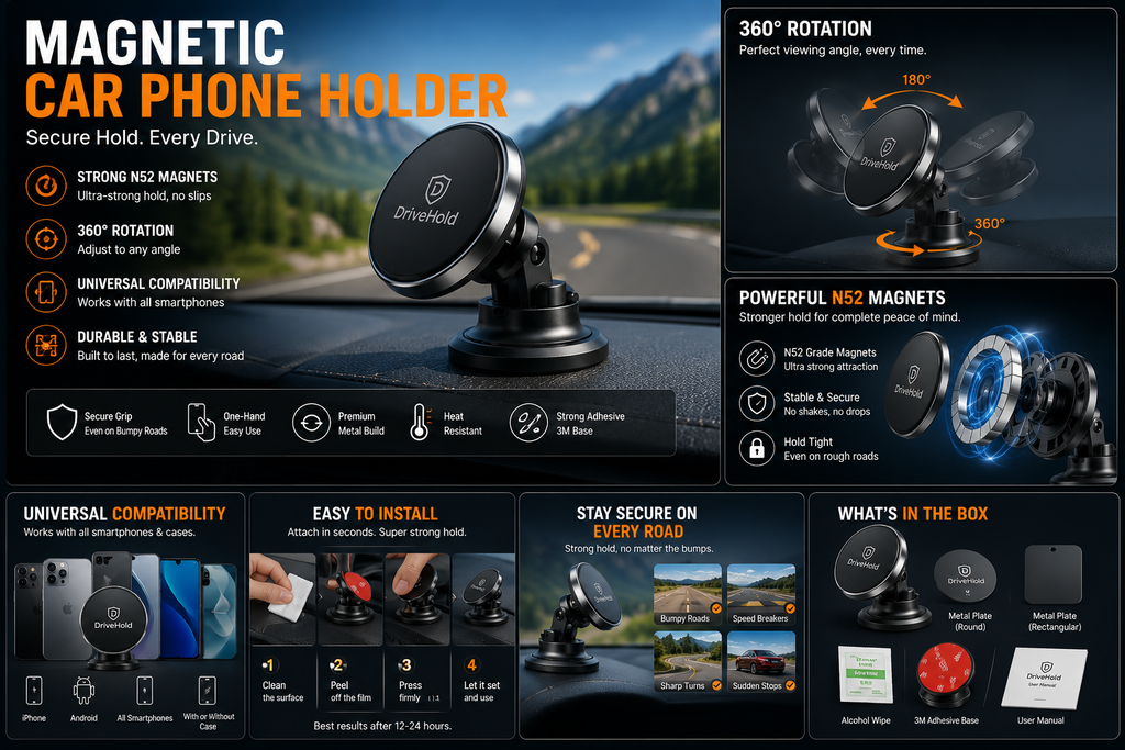 Magnetic Car Phone Holder | 360° Rotating Dashboard Mount | Strong N52 Magnets | Universal Smartphone Compatibility