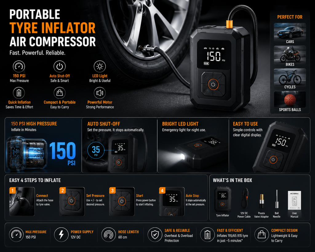 Portable Tyre Inflator Air Compressor | 150 PSI Digital Air Pump | Auto Shut-Off | LED Light | 12V DC