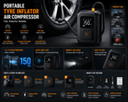 Portable Tyre Inflator Air Compressor | 150 PSI Digital Air Pump | Auto Shut-Off | LED Light | 12V DC