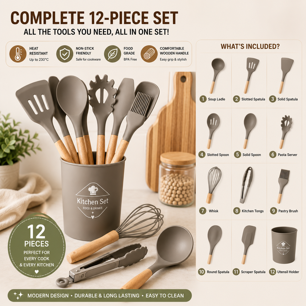 Premium Silicone Kitchen Utensil Set (12 Pieces) | Heat Resistant | Non-Stick Cooking Tools with Wooden Handles