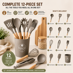 Premium Silicone Kitchen Utensil Set (12 Pieces) | Heat Resistant | Non-Stick Cooking Tools with Wooden Handles