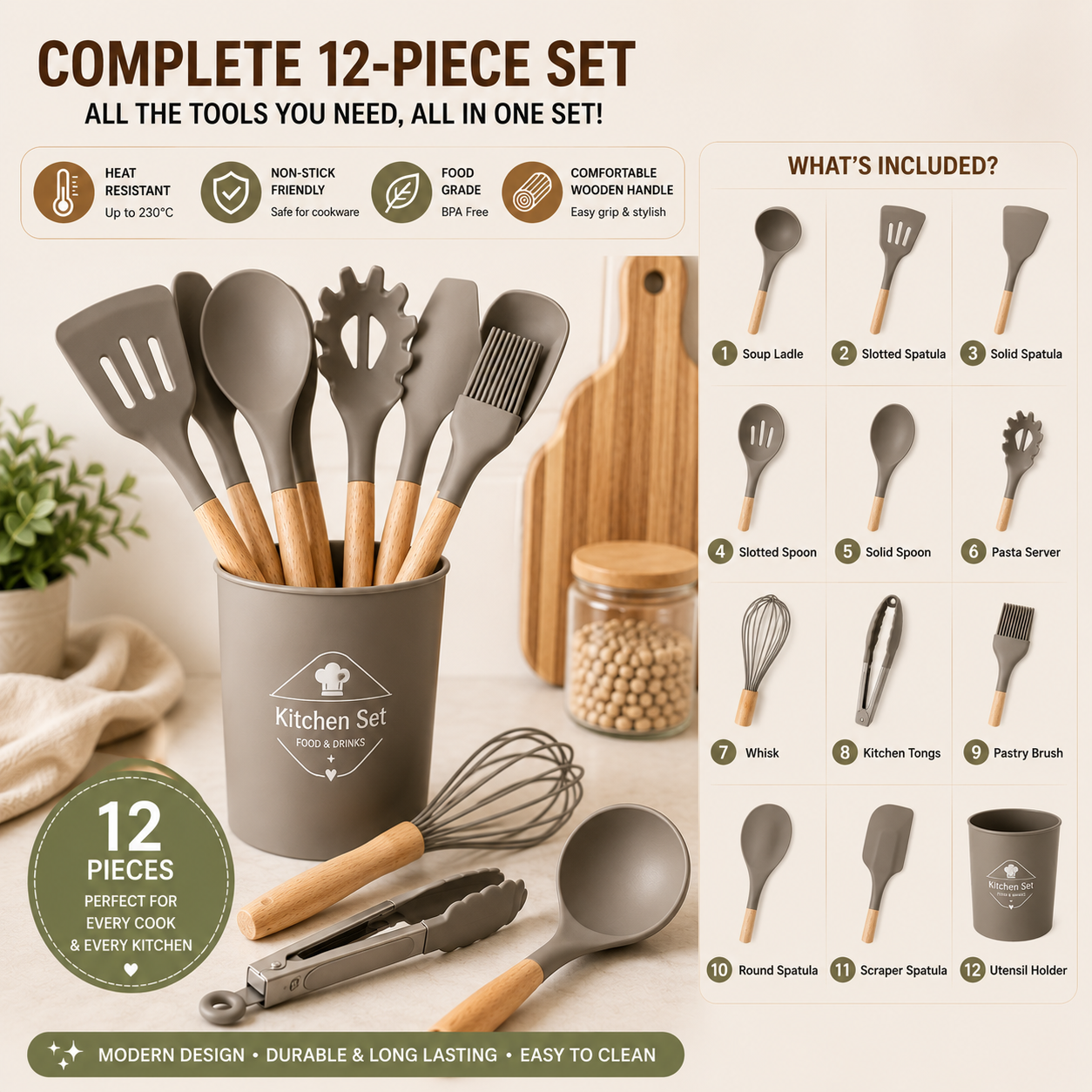 Premium Silicone Kitchen Utensil Set (12 Pieces) | Heat Resistant | Non-Stick Cooking Tools with Wooden Handles