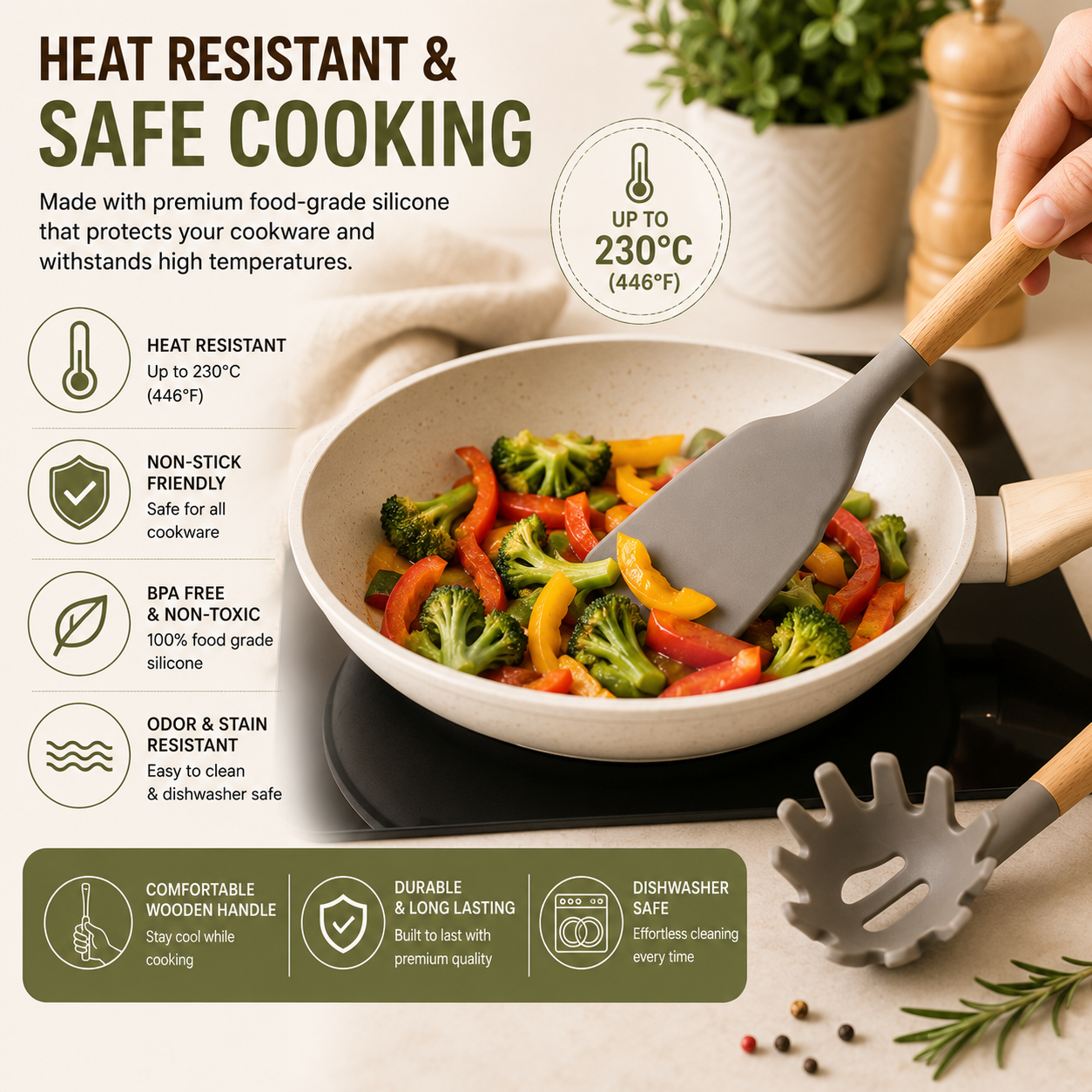 Premium Silicone Kitchen Utensil Set (12 Pieces) | Heat Resistant | Non-Stick Cooking Tools with Wooden Handles