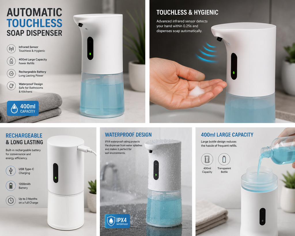 Automatic Touchless Soap Dispenser | 400ml Rechargeable | Infrared Sensor | Waterproof Design