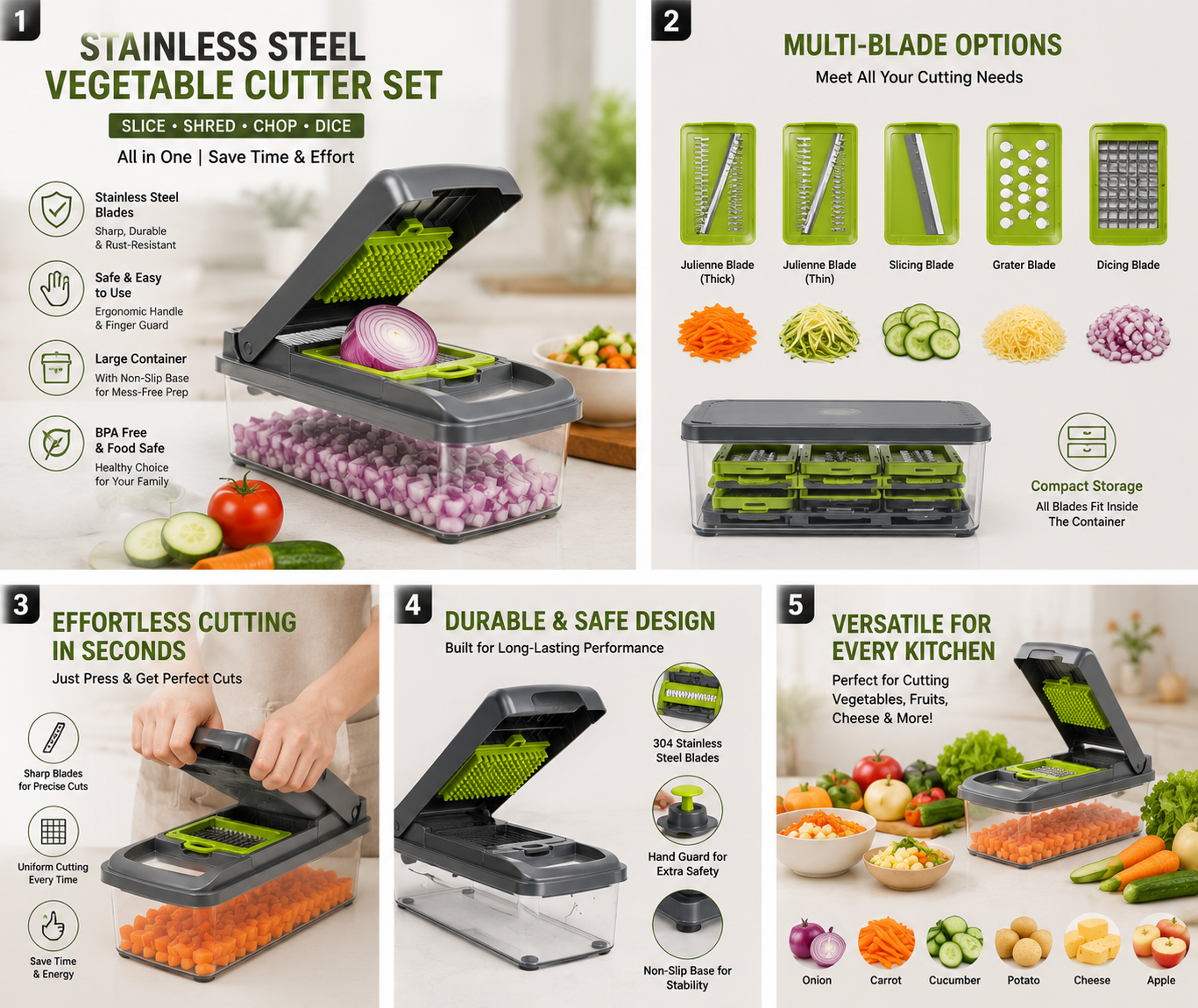 Stainless Steel Vegetable Cutter Set | Multi-Blade Kitchen Slicer | Manual Food Chopper with Container