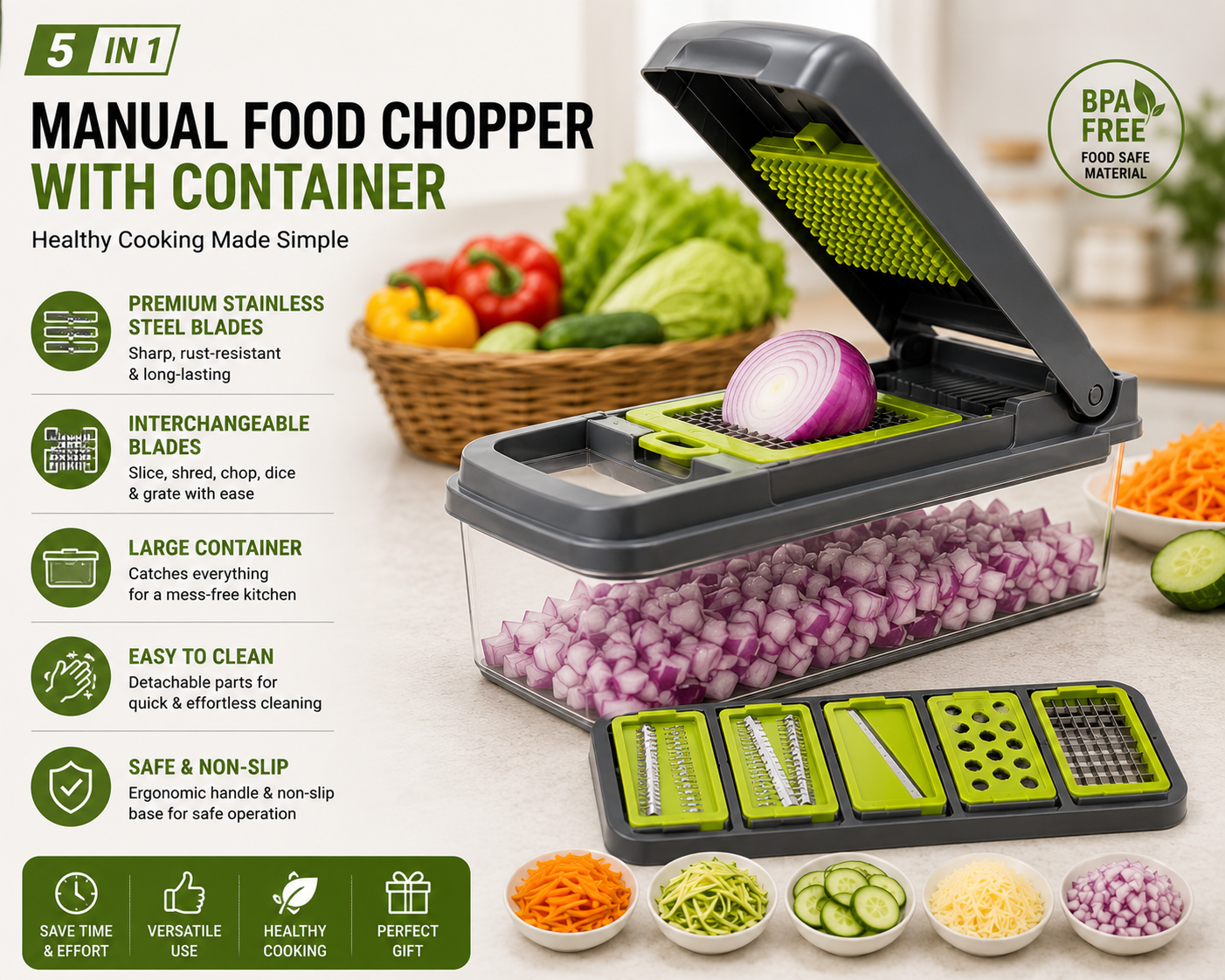 Stainless Steel Vegetable Cutter Set | Multi-Blade Kitchen Slicer | Manual Food Chopper with Container