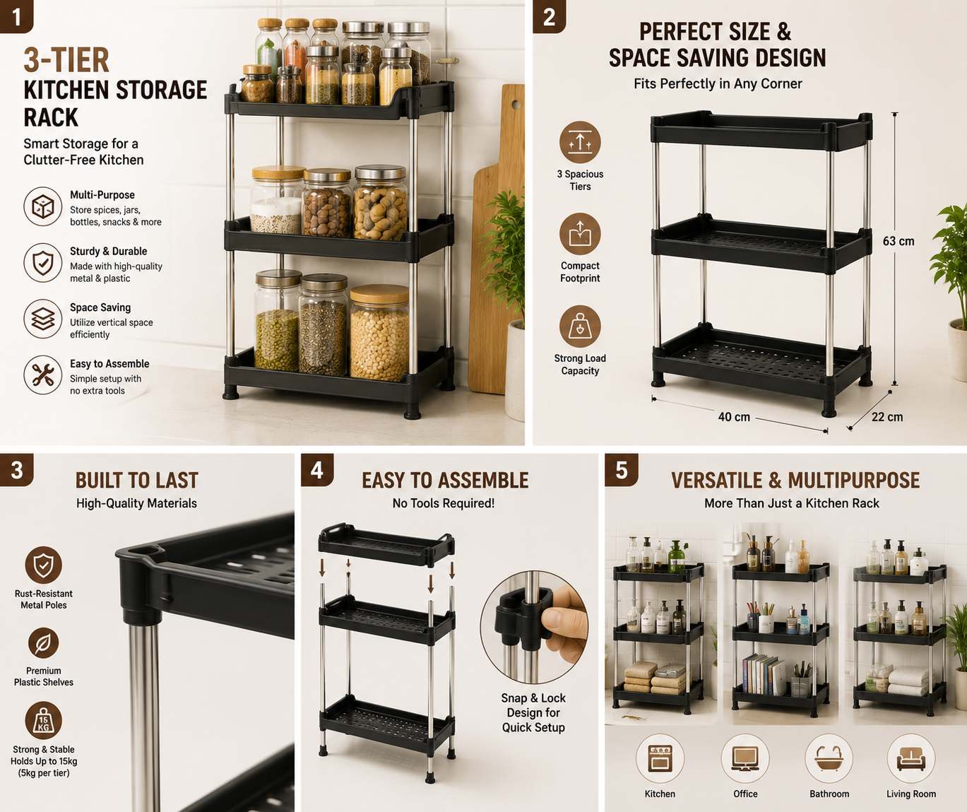 3-Tier Multipurpose Kitchen Storage Rack | Space Saving Organizer | Durable Metal & Plastic Shelves