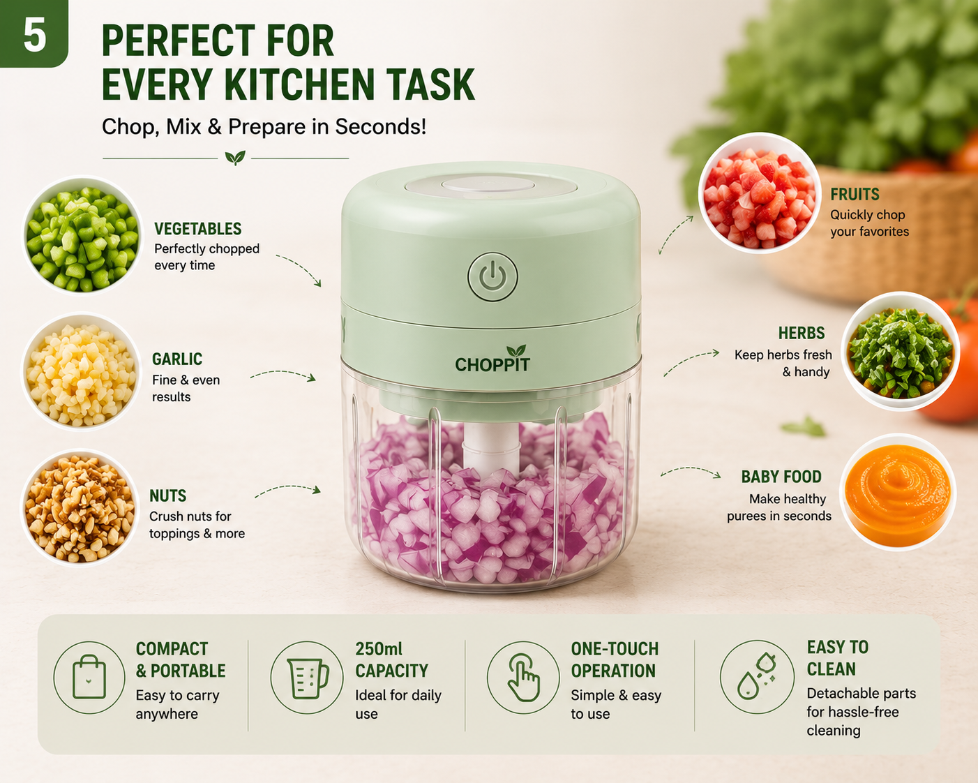 Portable Electric Mini Chopper | USB Rechargeable | 250ml Food Processor | One-Touch Operation