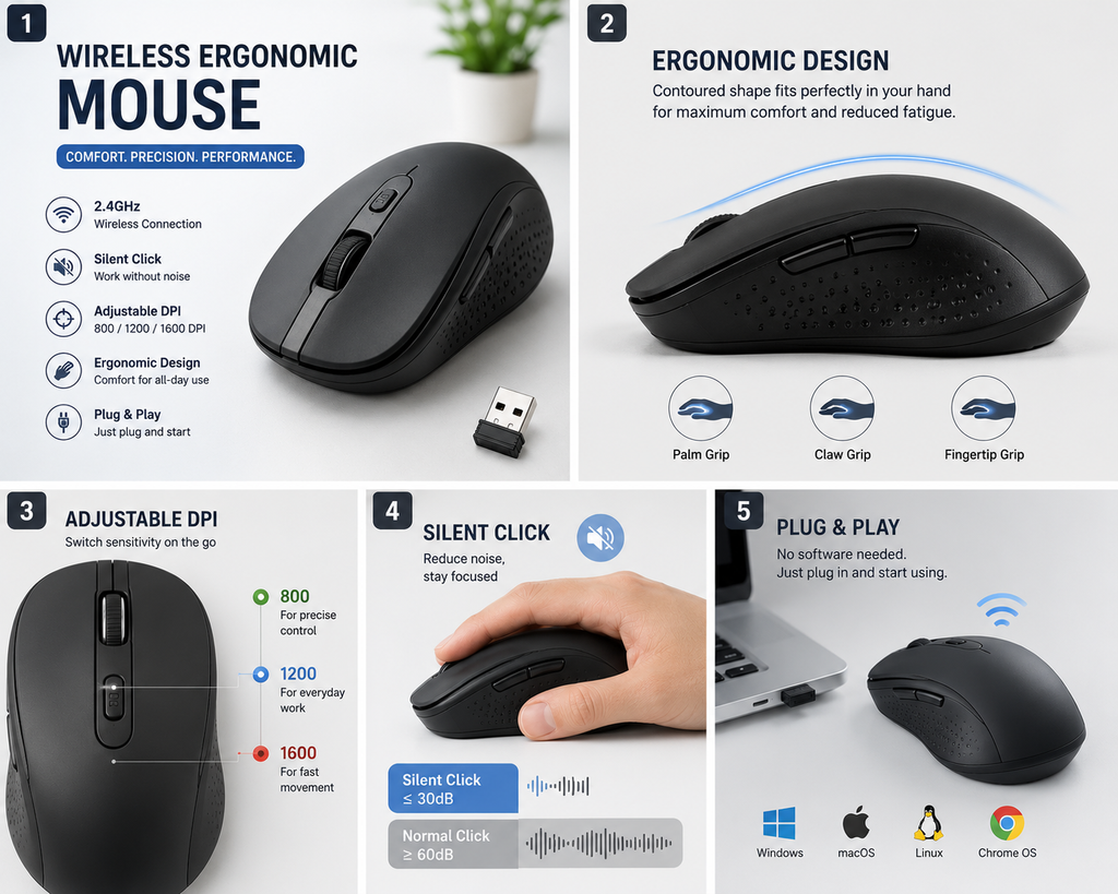 Wireless Ergonomic Mouse for Laptop & PC | 2.4GHz USB Receiver | Silent Click | Adjustable DPI