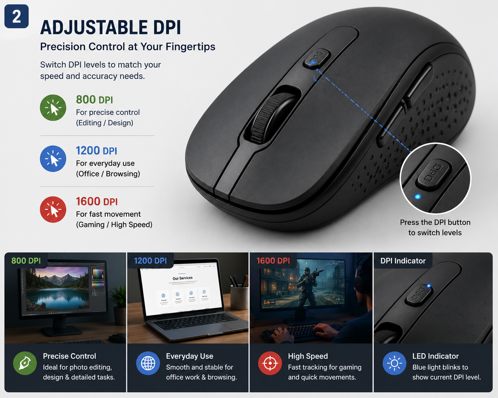 Wireless Ergonomic Mouse for Laptop & PC | 2.4GHz USB Receiver | Silent Click | Adjustable DPI