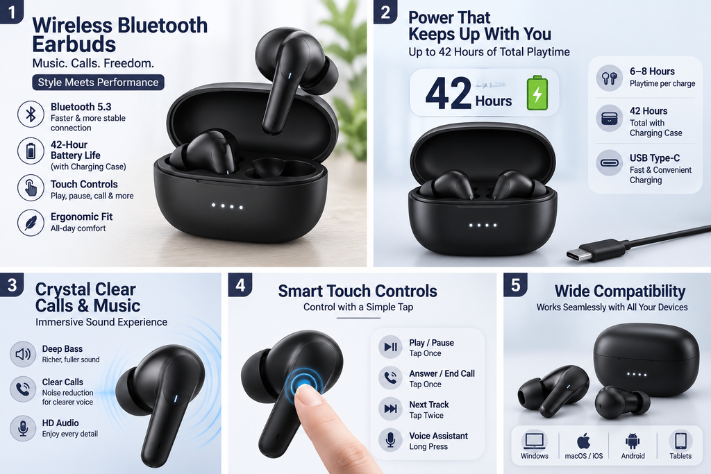 Wireless Bluetooth Earbuds with Charging Case | Bluetooth 5.3 | 42-Hour Battery | Touch Controls