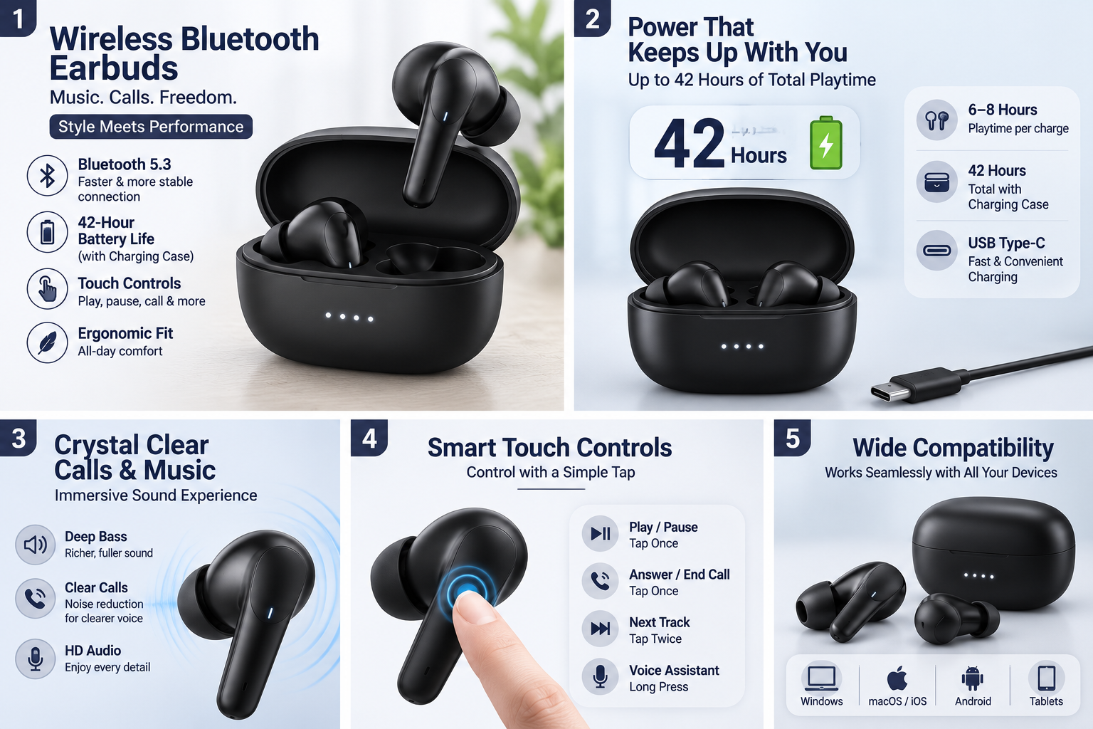 Wireless Bluetooth Earbuds with Charging Case | Bluetooth 5.3 | 42-Hour Battery | Touch Controls