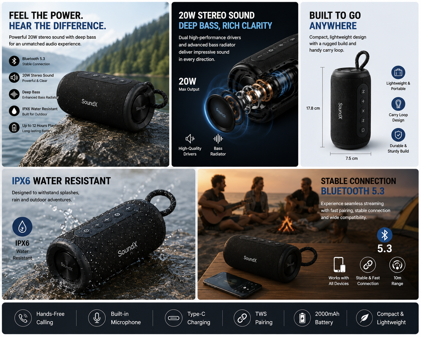 Portable Bluetooth Speaker with Deep Bass | Bluetooth 5.3 | 20W Stereo Sound | IPX6 Water Resistant