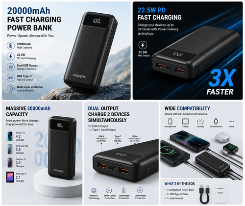 20000mAh Fast Charging Power Bank | 22.5W PD Fast Charging | Dual USB Output | USB Type-C