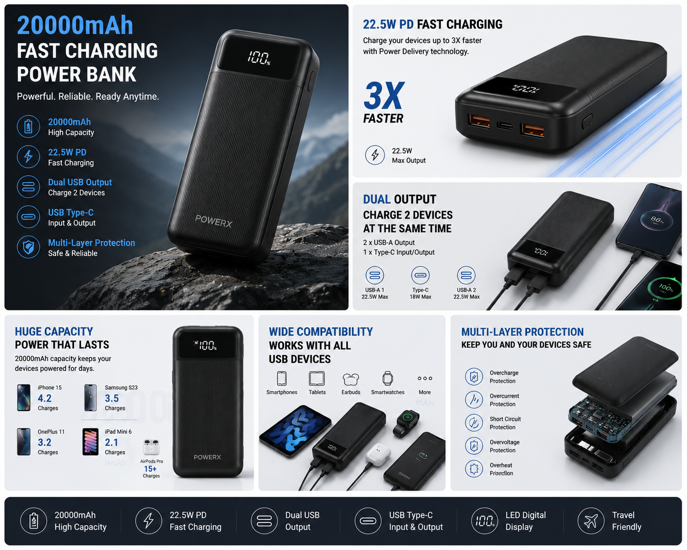 20000mAh Fast Charging Power Bank | 22.5W PD Fast Charging | Dual USB Output | USB Type-C