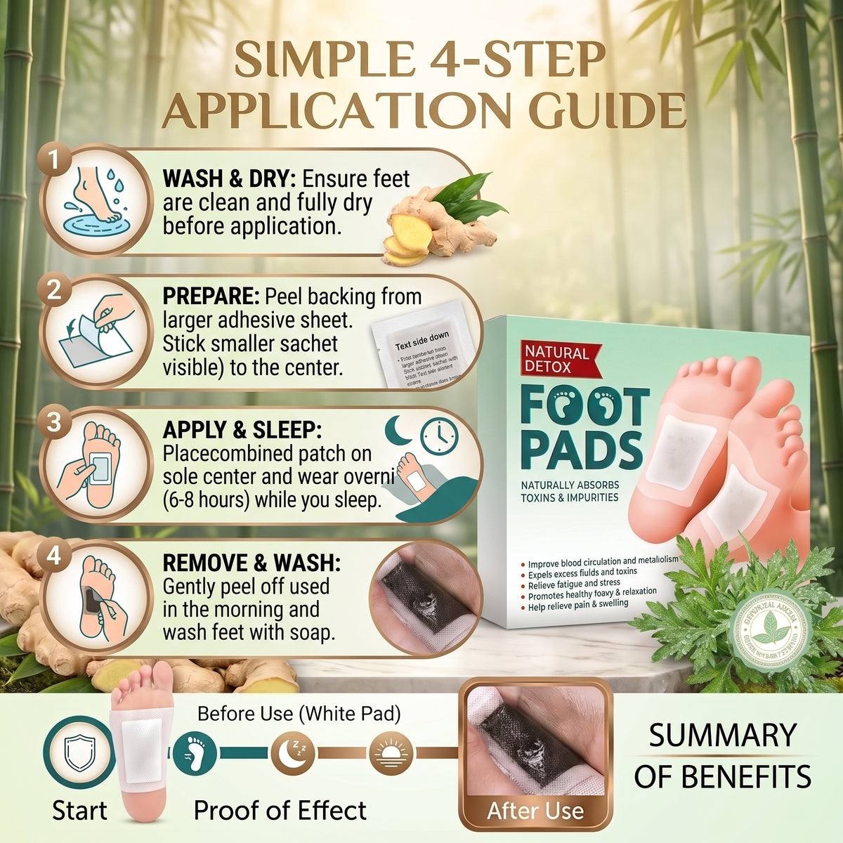 Natural Detox Foot Pads – Herbal Foot Patches for Deep Sleep, Stress Relief & Vitality (10 Patches / 5-Day Treatment)