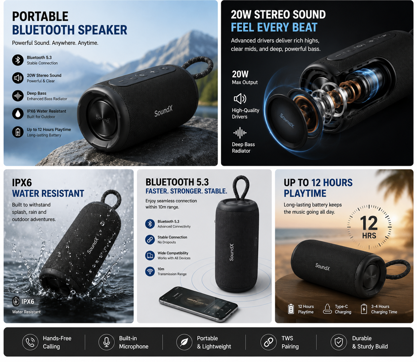 Portable Bluetooth Speaker with Deep Bass | Bluetooth 5.3 | 20W Stereo Sound | IPX6 Water Resistant