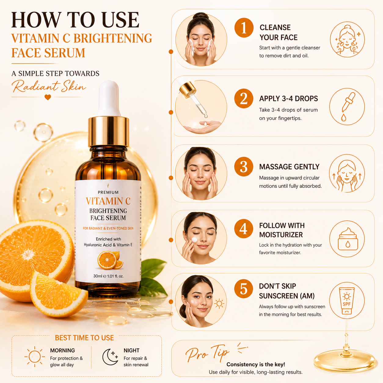 Vitamin C Brightening Face Serum | 30ml | Hyaluronic Acid & Vitamin E | For Radiant & Even-Toned Skin