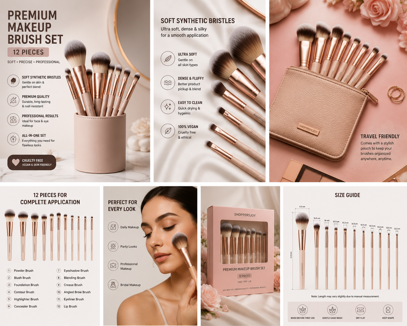 Premium Makeup Brush Set (12 Pieces) | Soft Synthetic Bristles | Professional Face & Eye Makeup Brushes