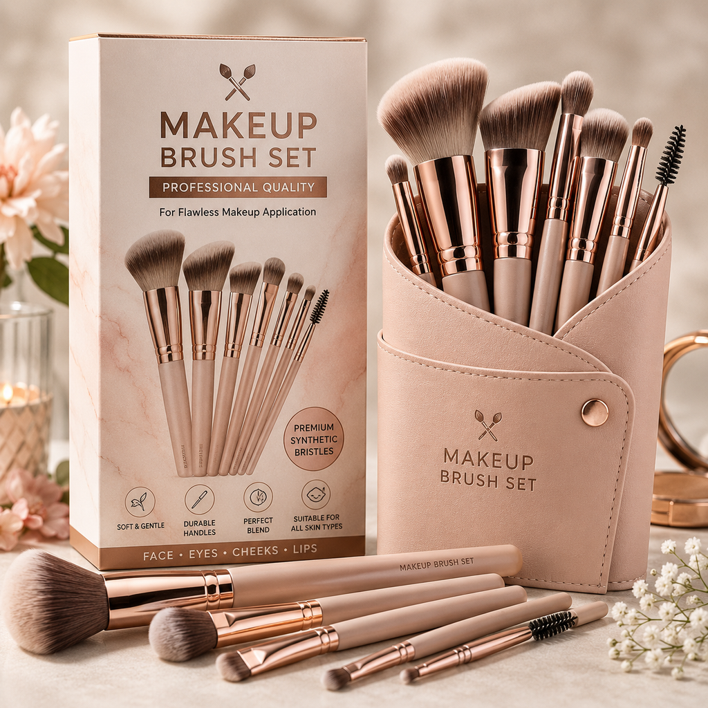 Premium Makeup Brush Set (12 Pieces) | Soft Synthetic Bristles | Professional Face & Eye Makeup Brushes