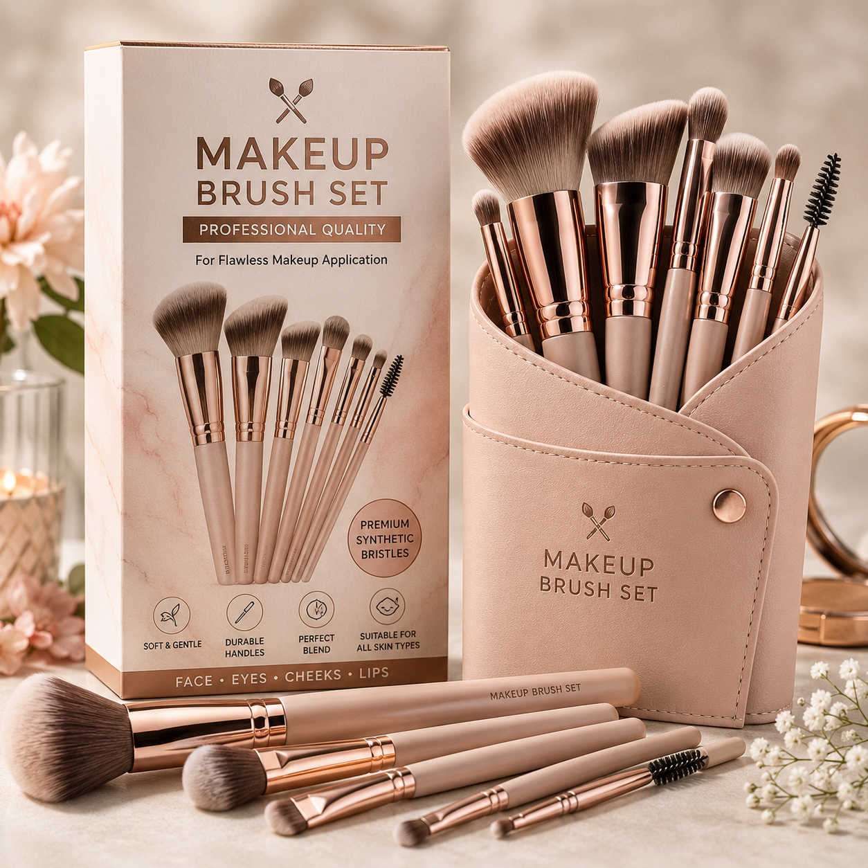 Premium Makeup Brush Set (12 Pieces) | Soft Synthetic Bristles | Professional Face & Eye Makeup Brushes