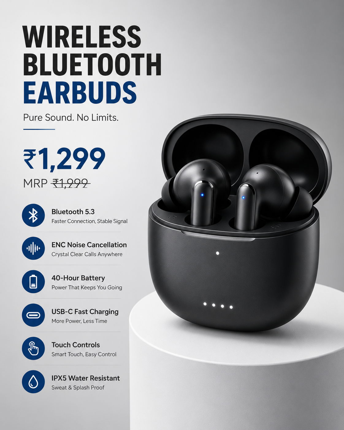 Wireless Bluetooth Earbuds with Charging Case | Bluetooth 5.3 | 42-Hour Battery | Touch Controls