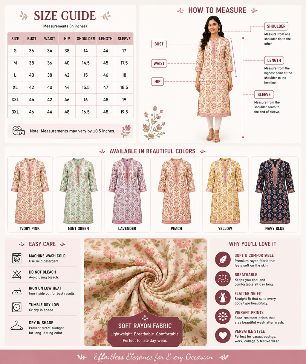 Women's Floral Printed Kurti | Soft Rayon Fabric | Straight Fit | Casual & Festive Wear