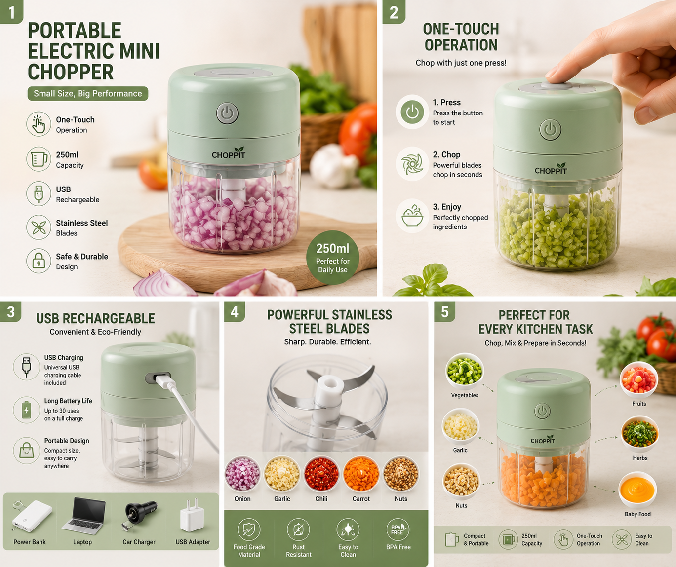 Portable Electric Mini Chopper | USB Rechargeable | 250ml Food Processor | One-Touch Operation