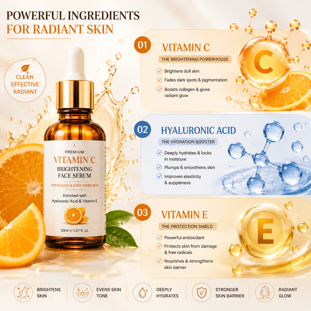 Vitamin C Brightening Face Serum | 30ml | Hyaluronic Acid & Vitamin E | For Radiant & Even-Toned Skin