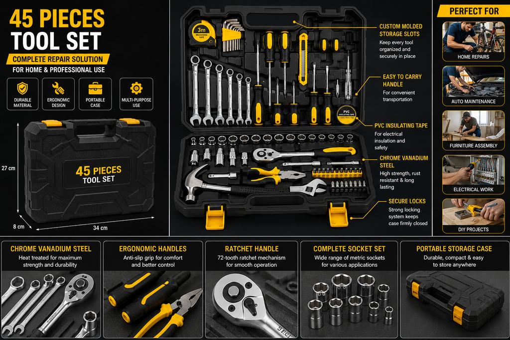 Heavy Duty Tool Kit Set (45 Pieces) | Professional Repair Tool Set | Chrome Vanadium Steel | Portable Storage Case