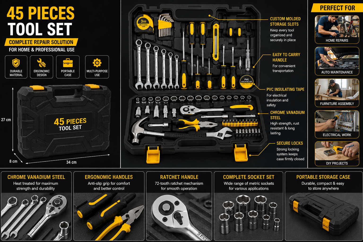 Heavy Duty Tool Kit Set (45 Pieces) | Professional Repair Tool Set | Chrome Vanadium Steel | Portable Storage Case