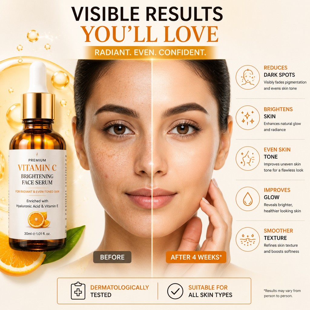 Vitamin C Brightening Face Serum | 30ml | Hyaluronic Acid & Vitamin E | For Radiant & Even-Toned Skin