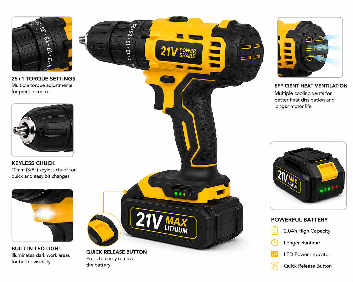 Electric Cordless Drill Machine | 21V Rechargeable | Variable Speed | LED Light | 2 Batteries | Professional Power Drill Kit