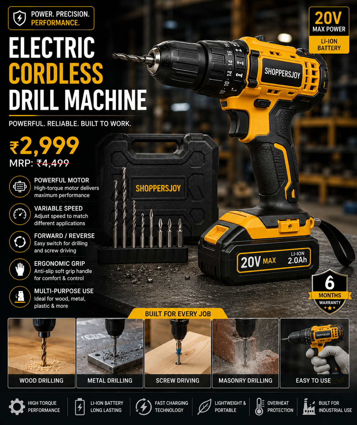 Electric Cordless Drill Machine | 21V Rechargeable | Variable Speed | LED Light | 2 Batteries | Professional Power Drill Kit