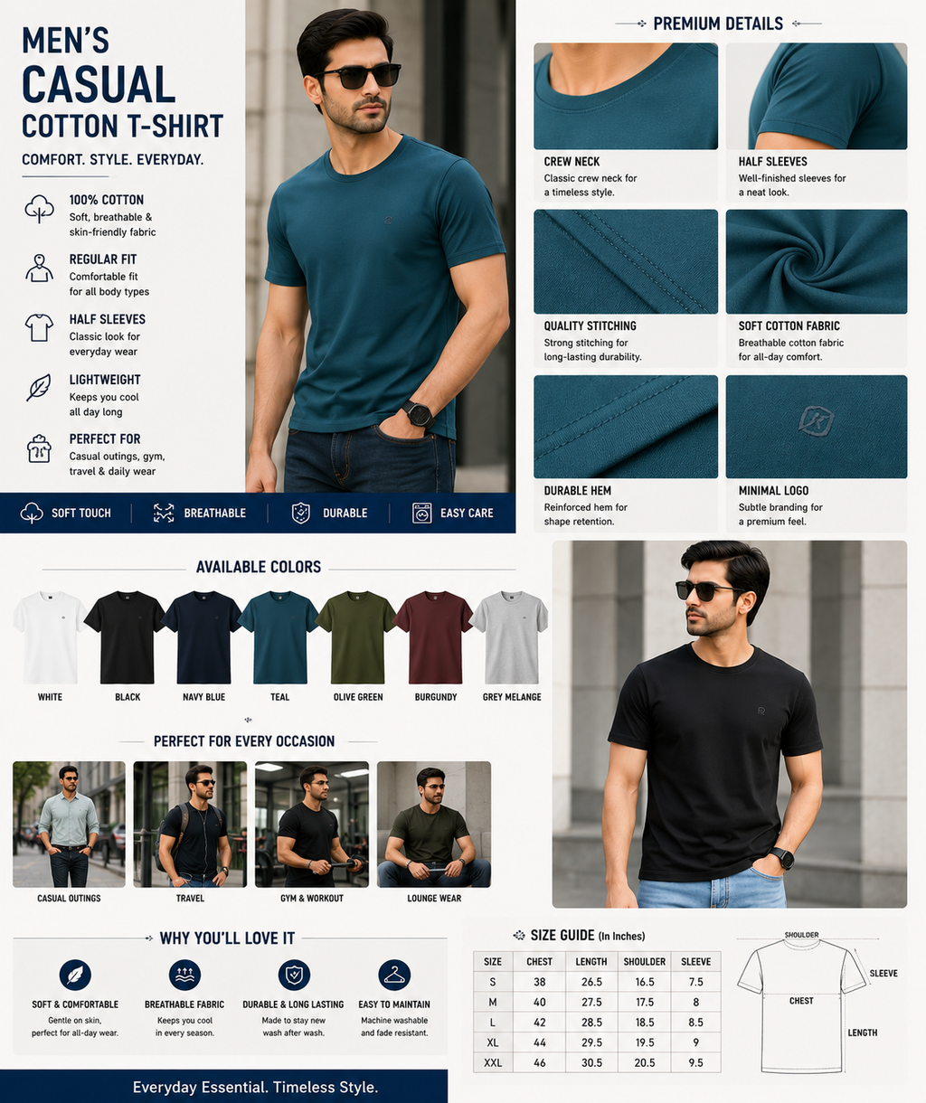 Men's Casual Cotton T-Shirt | Regular Fit | Soft Breathable Fabric | Half Sleeves